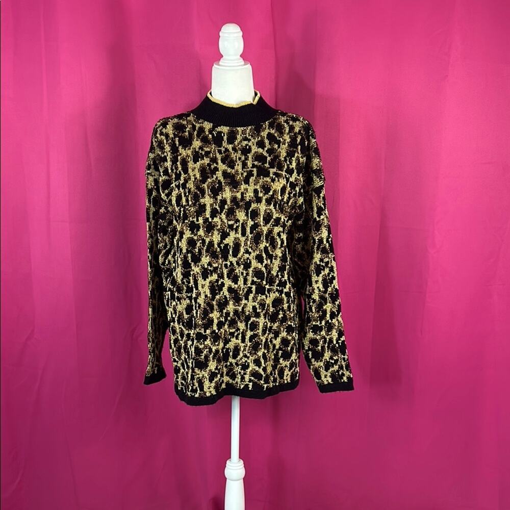 Vintage‎ Nutcracker leopard print copper weave mock neck knit sweater, size med